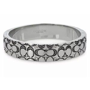 COACH SILVER QUILTED CRYSTAL CZ SIGNATURE C LOGO CLAMPER BANGLE BRACELET NEW